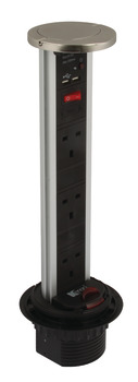 Vertical Powerdock, Rated IP54, 3 x UK 13 Amp Sockets and 2 x 700 mA USB Connectors, Requires Ø 92 mm Drilled Hole