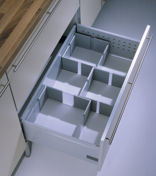 Food storage container insert, for front pull-outs and internal drawer boxes with railing